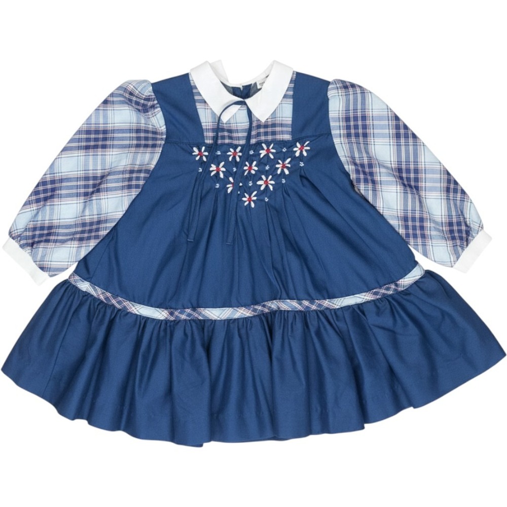 Vintage 80s fall Polly Flinders Toddler 2T Hand Smocked Dress Blue Plaid Floral